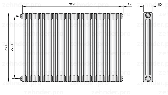 Схема (чертеж) Радиатор Zehnder Charleston 3280/23 №1270 Белый глянцевый RAL 9016